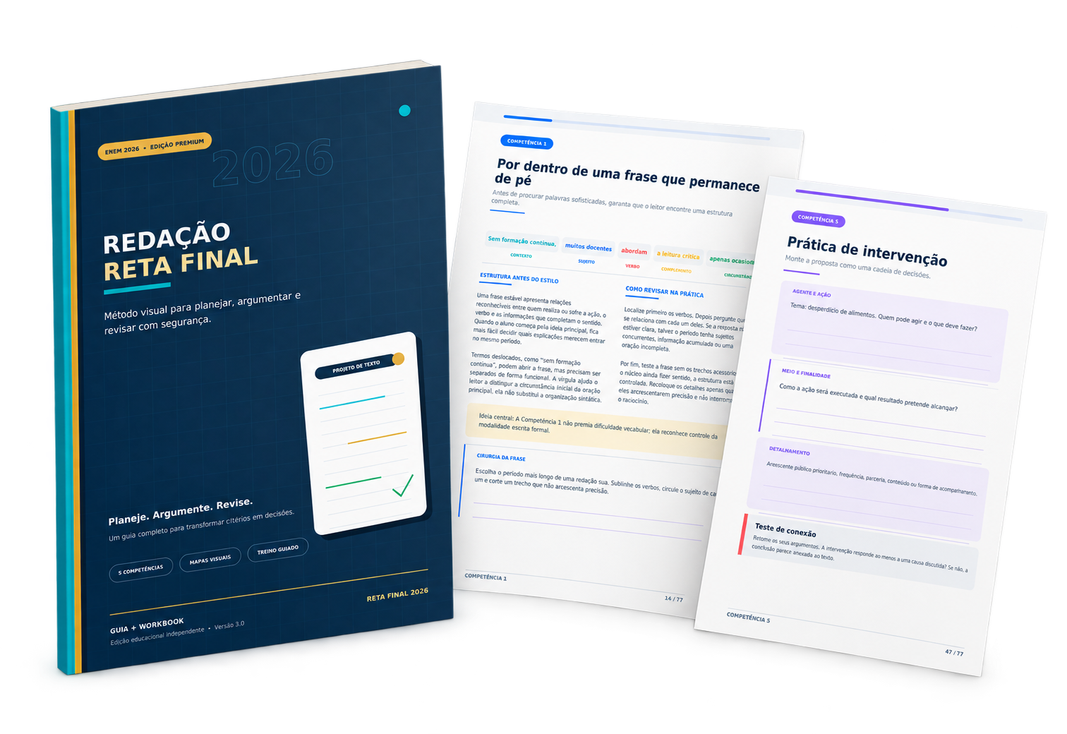Guia Redação Reta Final e duas páginas internas do workbook